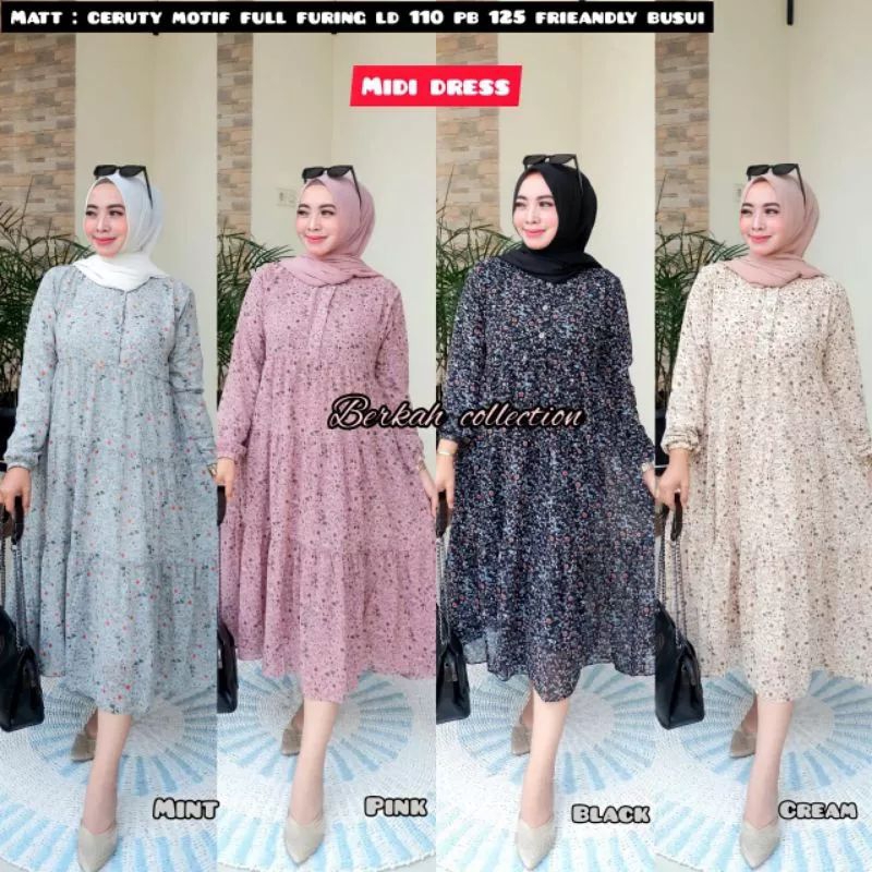 COD MIDI DRESS CERUTY BABYDOLL FULL PURING MODEL MOTIF BUNGA/MODEL KANCING DEPAN