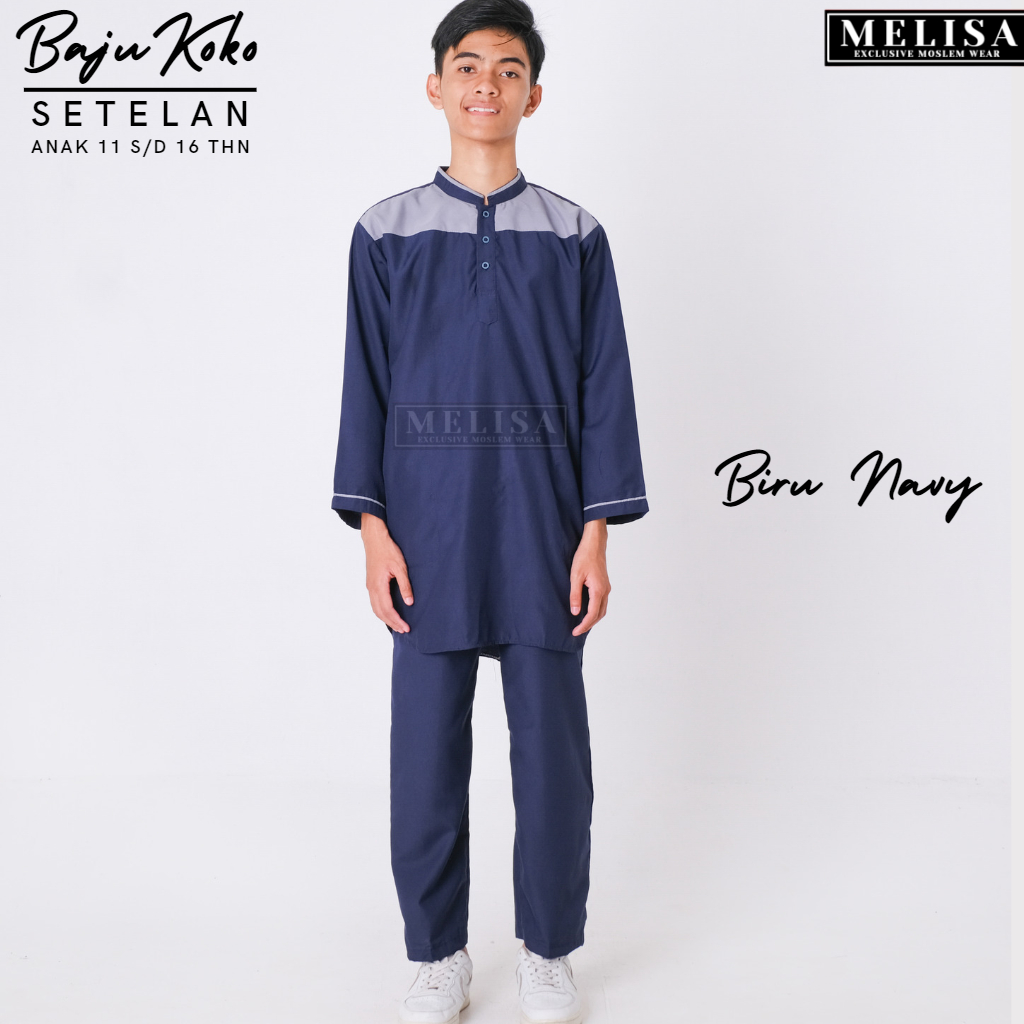 Setelan Kurta Baju Koko Muslim Anak Laki Laki Remaja Tanggung Umur 11 12 13 14 15 16 Tahun Warna Biru Navy