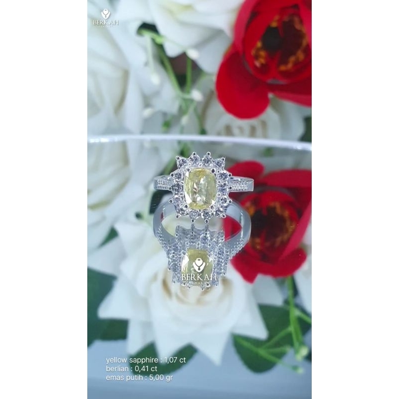 Cincin emas putih berlian asli natural diamond batu yellow sapphire