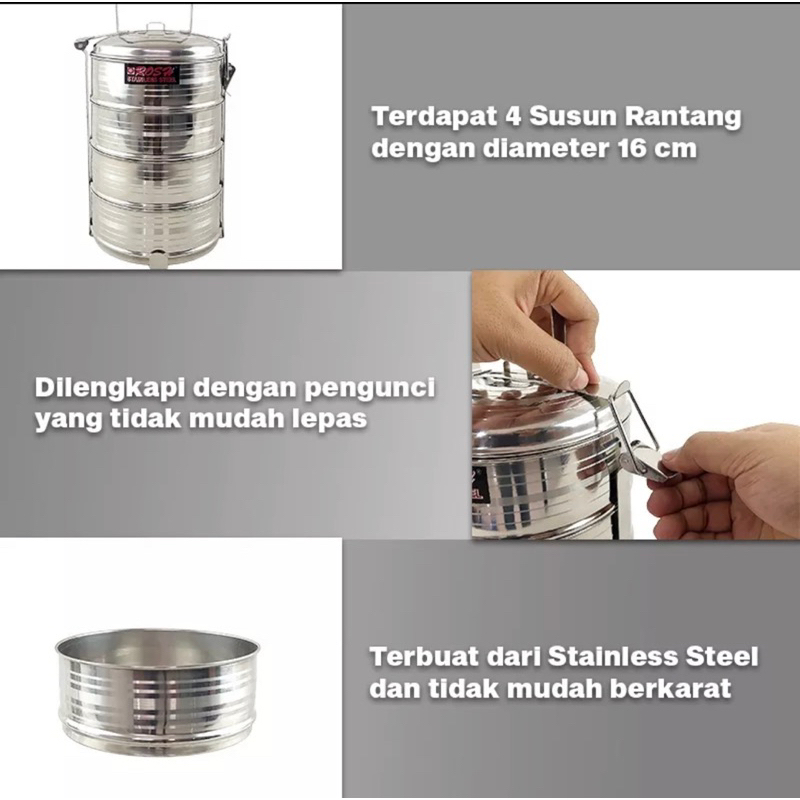 rantang rosh jepit 16cm susun 4 stainless steel / rantang makanan bekal stainless 4 susun / rantang stainless jepit