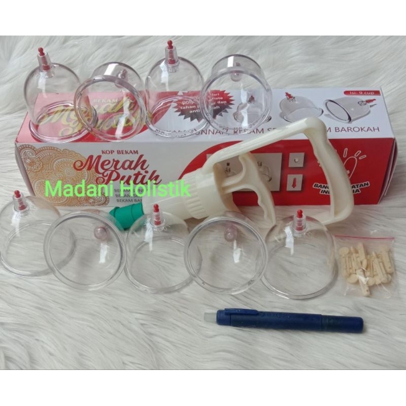 Alat Bekam lengkap standart PBI  kop merah putih  dan pen Lancing plastik