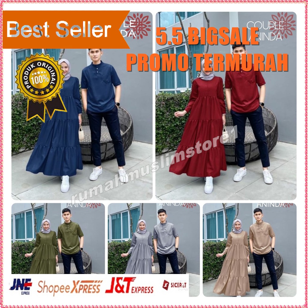 RMS1 Baju Gamis Couple Keluarga Pasangan Suami Istri Kapelan Kemeja dan Gamis Lebaran Terbaru 2023 C