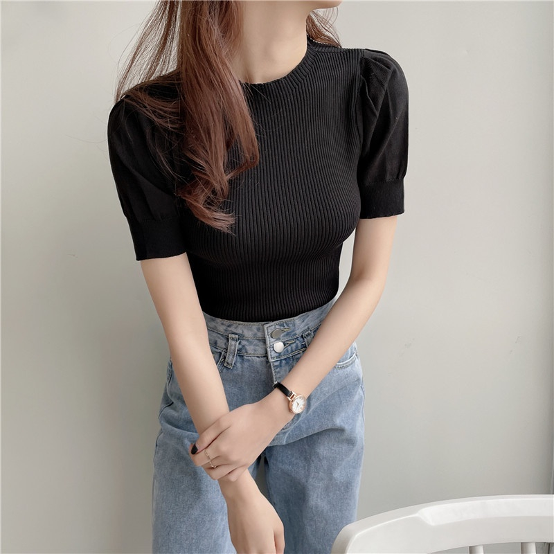 【 Bra Mall 】BJ-060 Atasan Turtleneck Rajut Wanita Korean Style Lengan Pendek Import Premium | Atasan Lengan Pendek Rajut Import