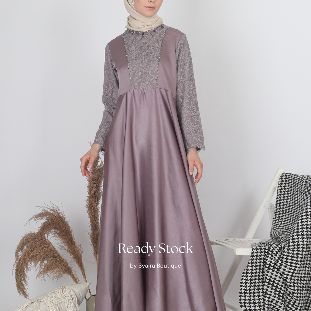 Gamis Satin Ungu Kombinasi Brokat Payet by Syaira Butik
