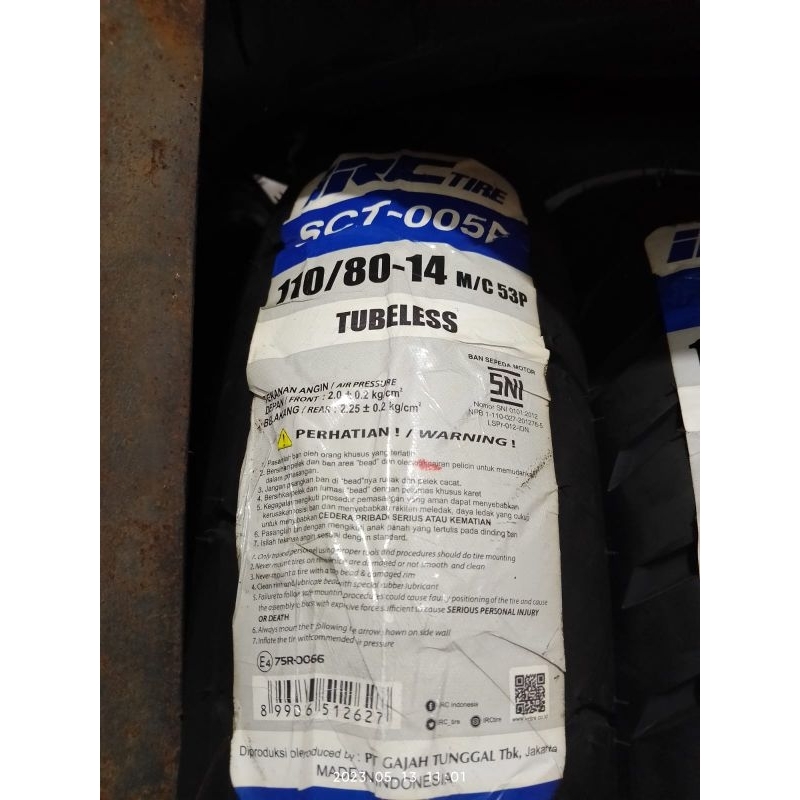 BAN LUAR TUBELESS 110/80-14 IRC