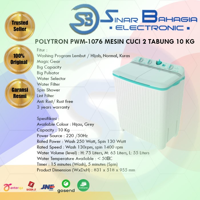 POLYTRON PWM-1076 MESIN CUCI 2 TABUNG 10 KG (NEW) (KHUSUS BANDUNG)
