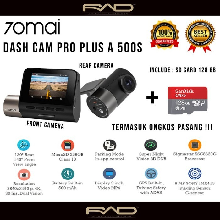 Dashcam A500s 70mai Full Front + rear + Hardware kit + installation