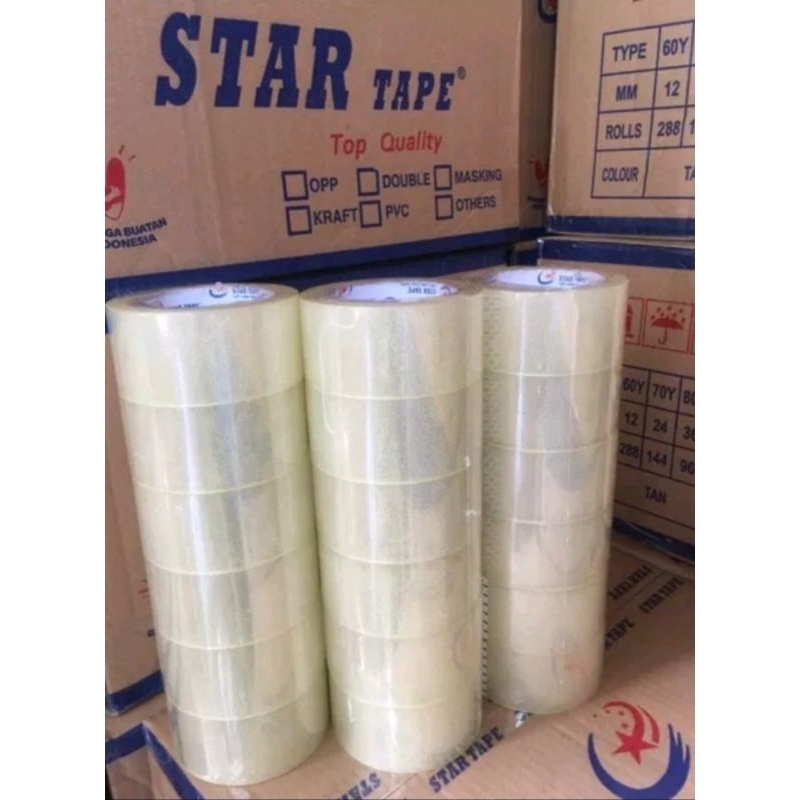 

HARGA HEMAT HARGA PROMO LAKBAN STAR TAPE/ SEVEN STAR ISOLASI BENING SOLATIP BENING 80YEAR SATU SLOP ISI 6 PCS
