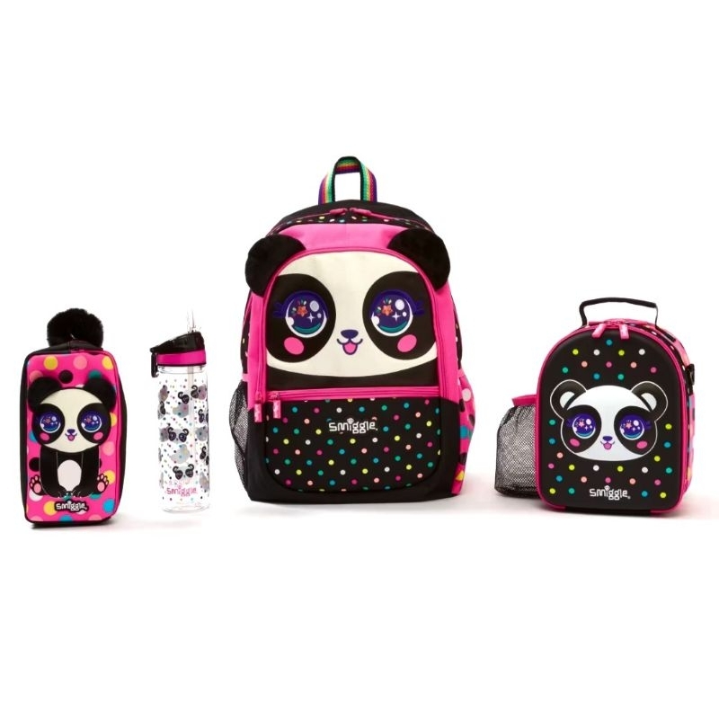 smiggle Best Budz Panda Parker Backpack Lunchbag Drink Bottle set