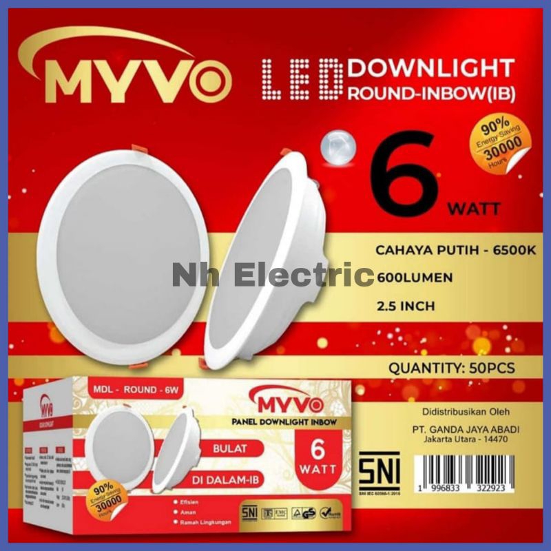 Downlight Led Panel 6w Putih Bulat Myvo - Led Panel 6w Inbow Putih Myvo - Led Downlight Panel 6w Round Putih Myvo SNI