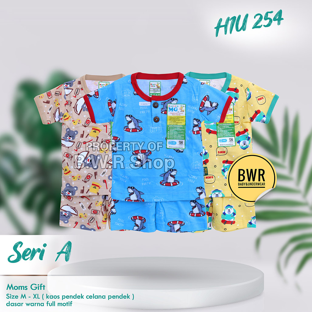 [ HARGA 3pc ] Setelan Moms PENDEK Gift HIU 254 / Baju Bayi Piyama Anak Unisex Kancing Pundak Mom's Gift Motif Terbaru Baju Pendek Celana Pendek | Bwr