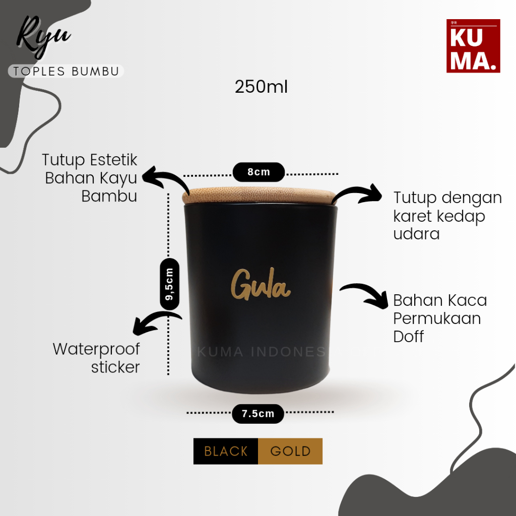 KUMA Ryuu Toples Bumbu Dapur Kaca 250ml Tutup Kayu Bambu Black Gold Aesthetic Bahan Keramik Kaca Bamboo