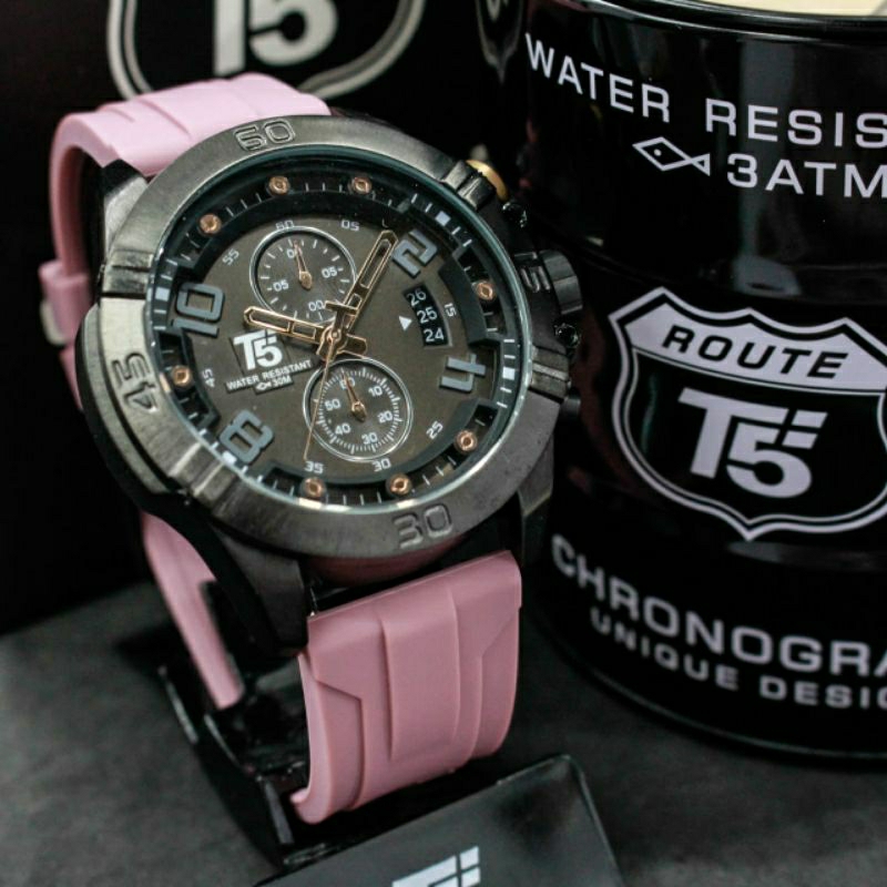 jam tangan pria T5 H3637G Tali Karet Pink Date aktif Original