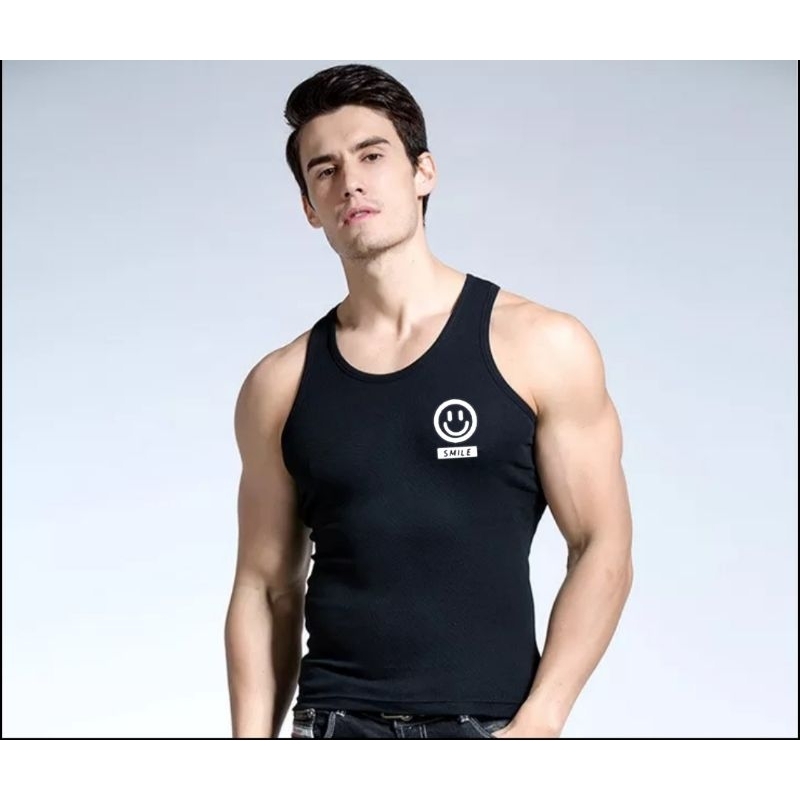 Singlet Pria Smile Bulat Atasan Lengan Pendek Logo Bisa Unisex Oblong Distro Dalaman Kaos Motif Tulisan Logo Cutting DTF Fashion Man Kos COD