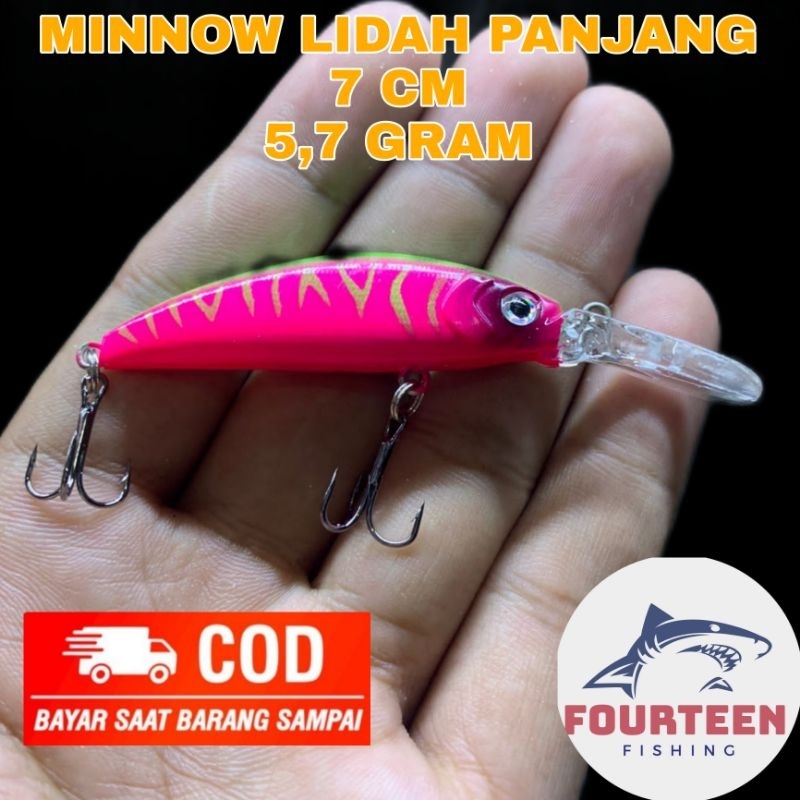 minnow lidah panjang warna pink 7cm 5,7g cocok untuk casting hampala atau ikan baung