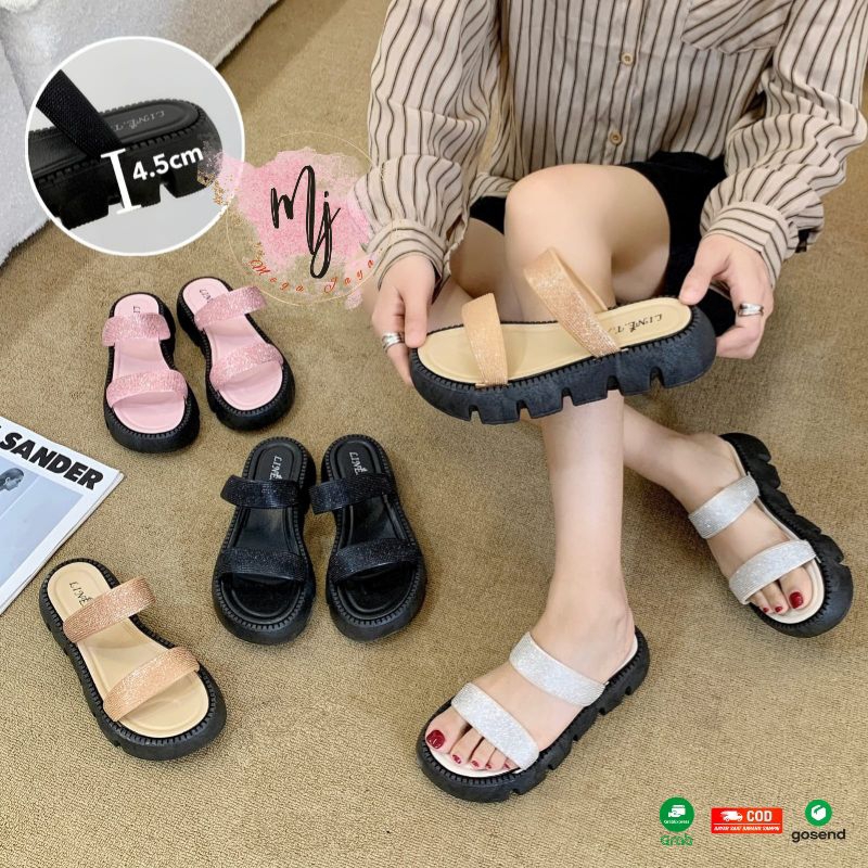 Sandal Wedges Wanita Selop Strap Glitter Import