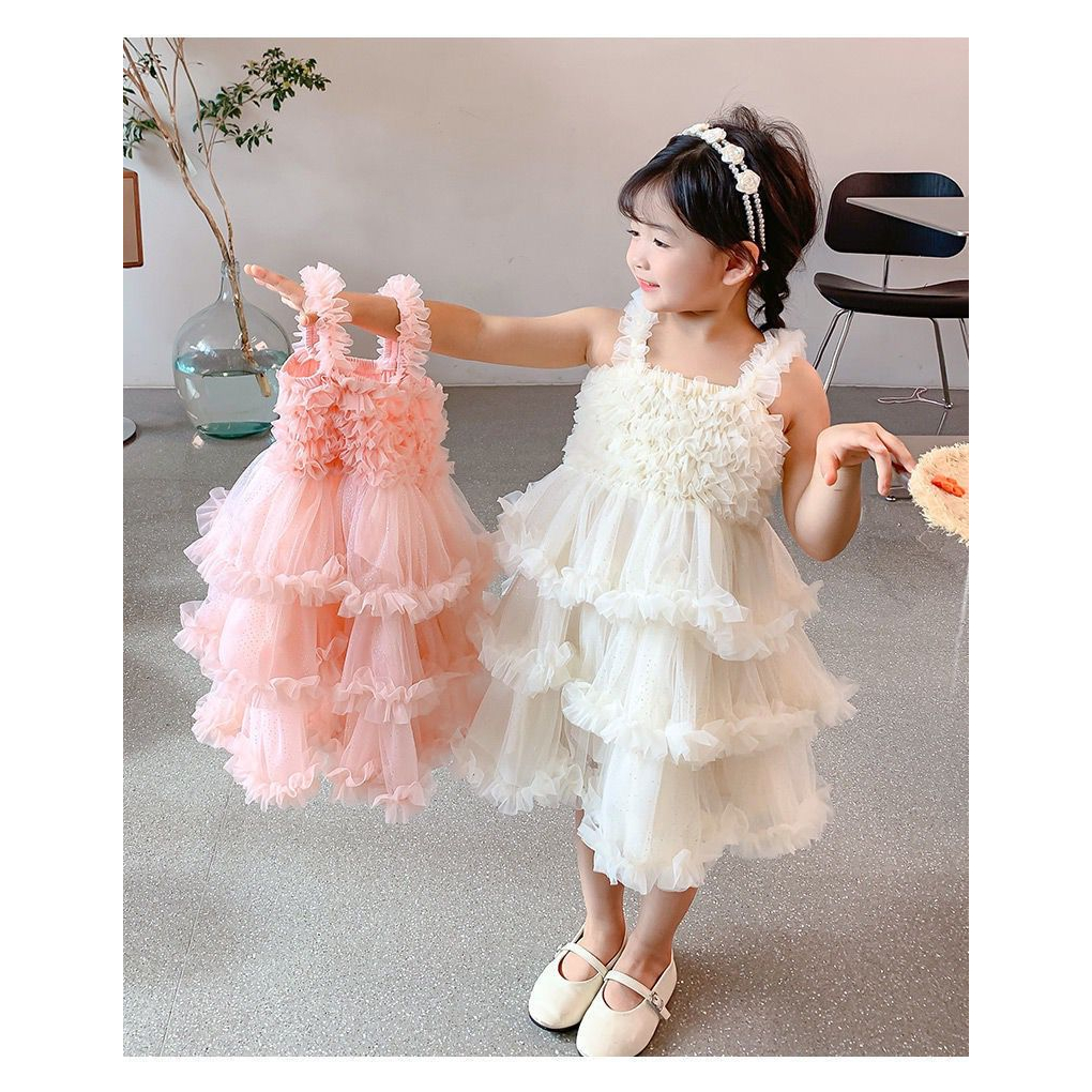 Dress Anak Perempuan Korean Style Tanpa Lengan Triple Layer Rumbai Pink