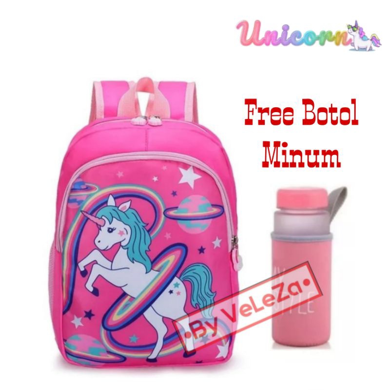 Tas Ransel Anak Unicorn Canvas 2in1 - tas + botol minum - tas anak