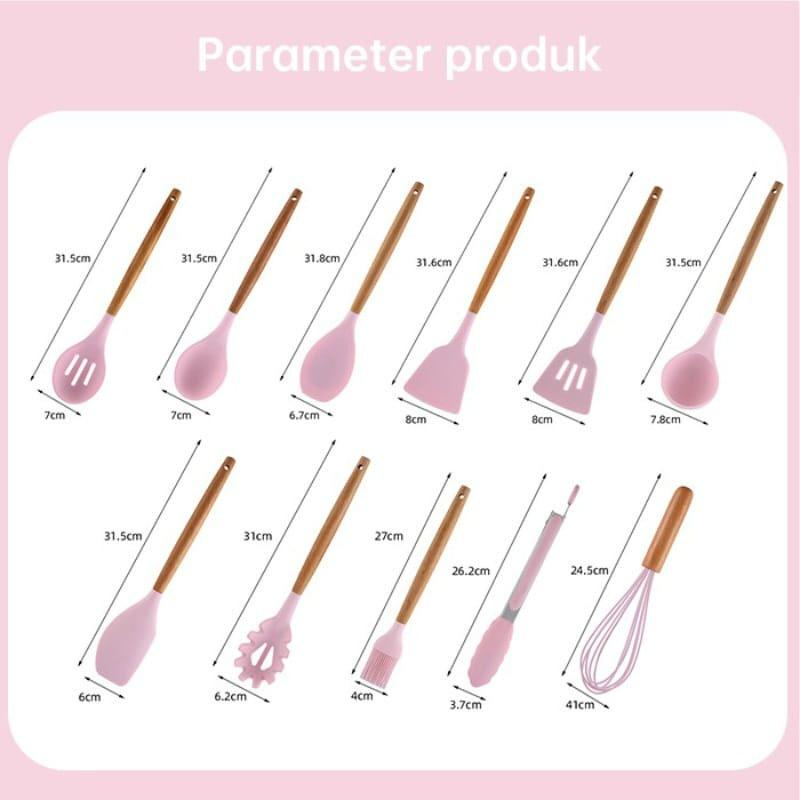 Silicone Utensil 11Pcs+Wadah Spatula Peralatan Masak Sutil Pegangan Kayu Baking Set Alat Masak Peralatan Masak Goreng Tumis