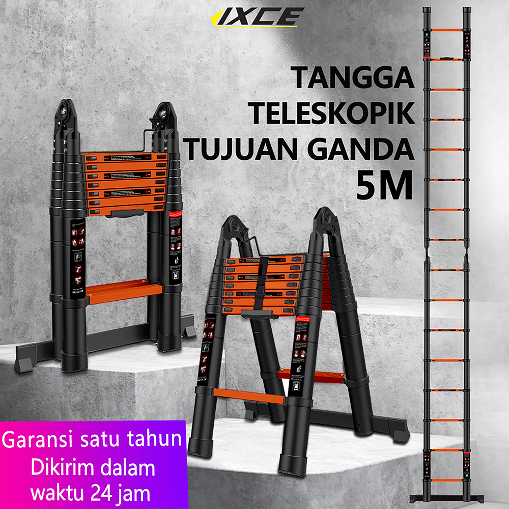 IXCE teleskopik aluminium alloy tangga lipat hitam orange 2.5 + 2.5 5M tangga teleskopik ganda 5 meter Harga grosir bisa nego