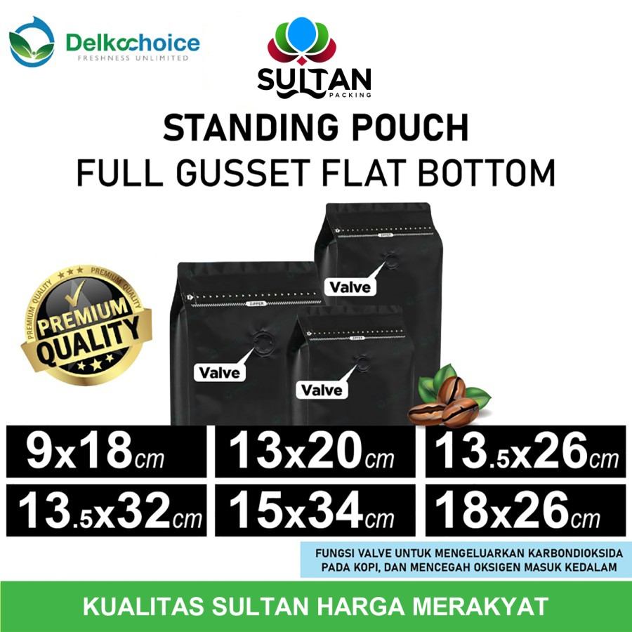 Coffee Bag Pouch FULL GUSSET VALVE Kemasan Biji Bubuk Kopi DELKOCHOICE