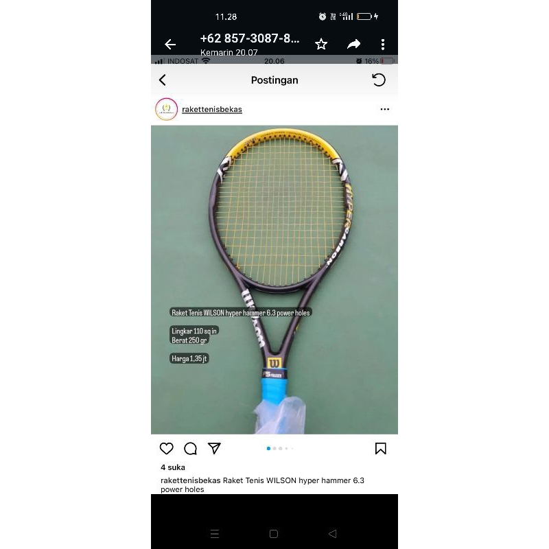 Raket tenis wilson hyper hammer 6.3 power holes