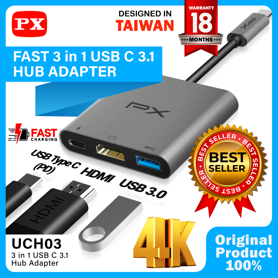 Converter Hub Adapter 3in1 USB Type C 3.1 to USB 3.0 4K HDMI PX UCH03