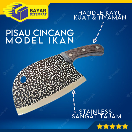 Pisau Dapur Daging Sayur Cincang Cacah Pemotong Handle Kayu Model IKAN