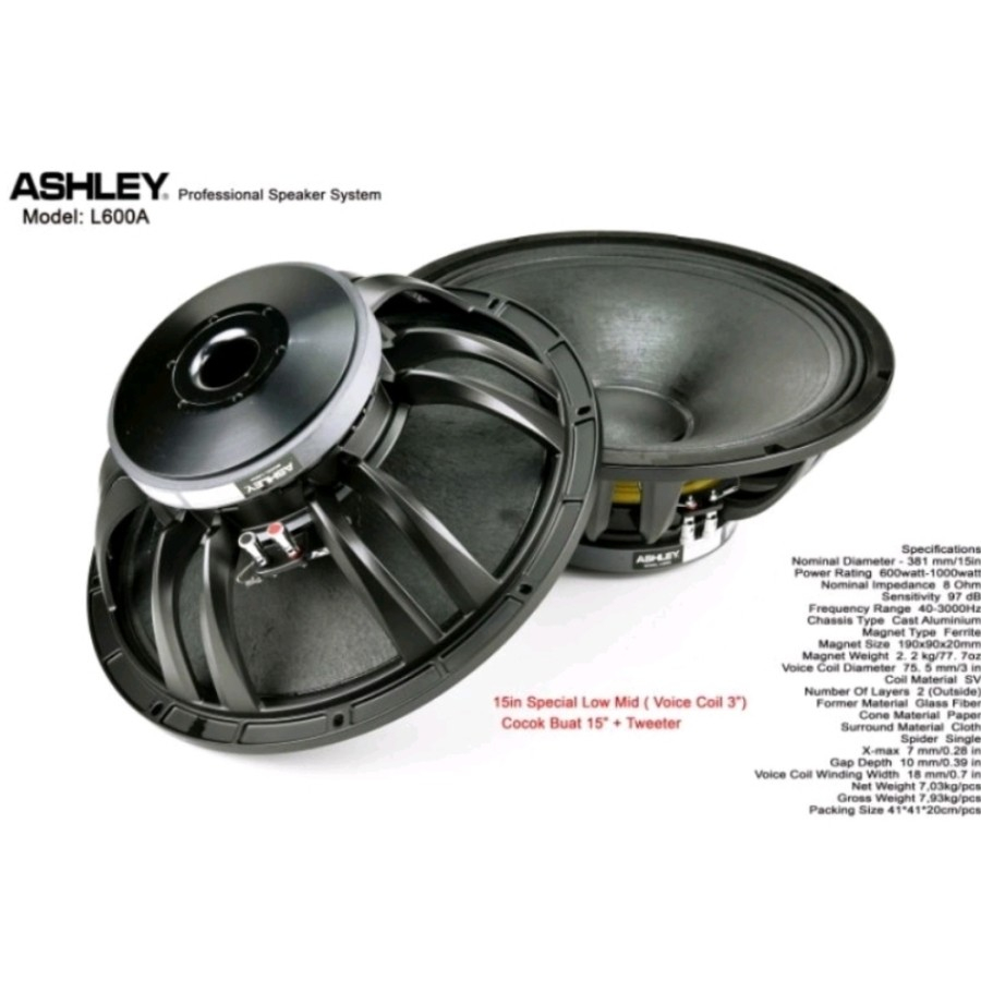Speaker ASHLEY 15 Inch L600A original karakter mid low power 1200 wat