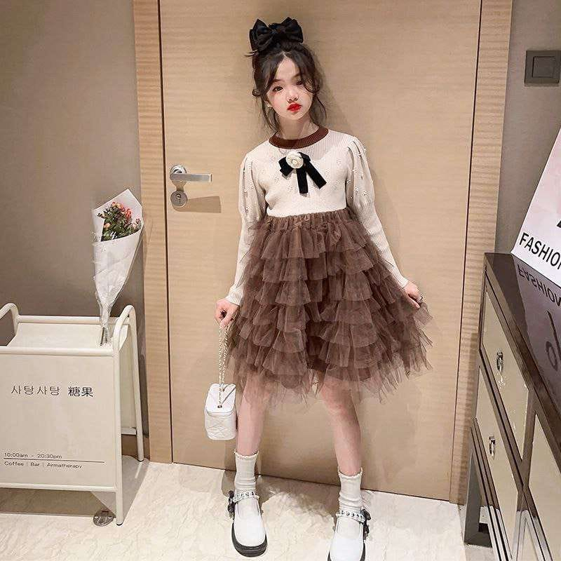 Dress Tutu Anak Perempuan Knitted Flower Coffee