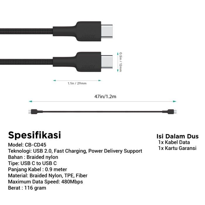 Aukey Cable CB-CD45 0,9m Braided Nylon USB 2.0 Type C to C