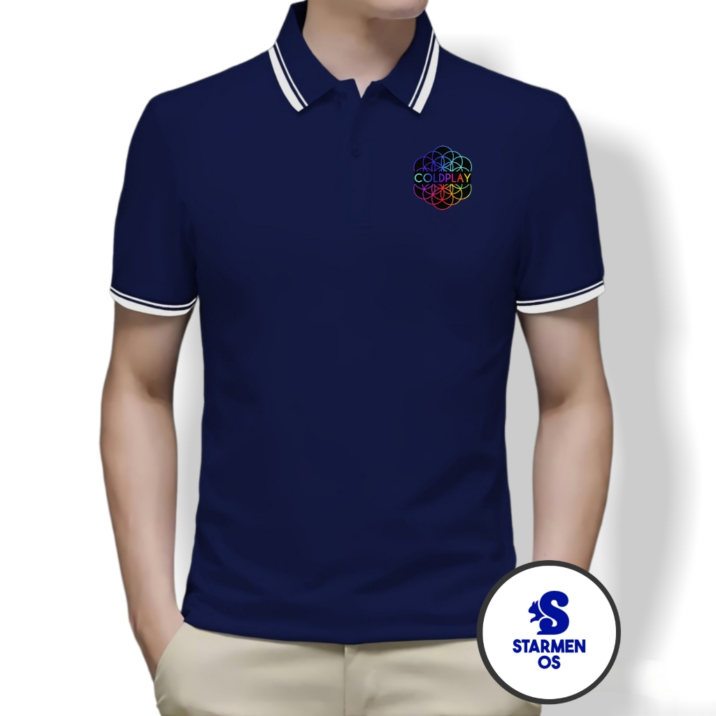 Kaos Polo Shirt Pria Kerah List Putih Logo COLDPLAY A