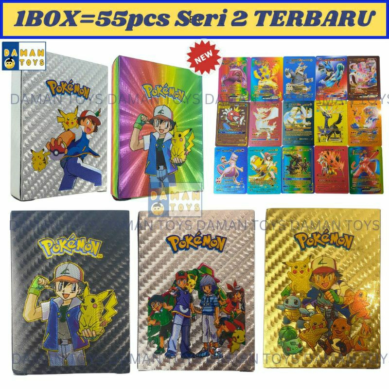 Kartu Pokemon 1 box 55pcs Charizard Pikachu cards Bahan Metal Emas Silver Bahasa English