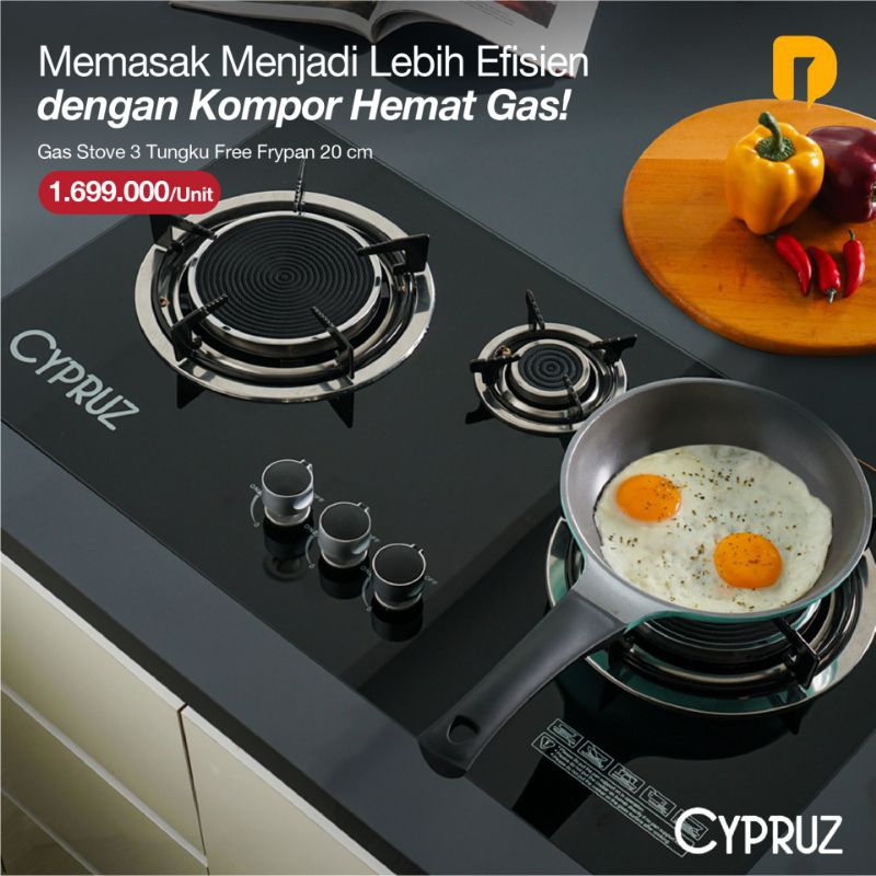 Cypruz Gas Stove 3 Tungku Free Fry Pan 20 cm
