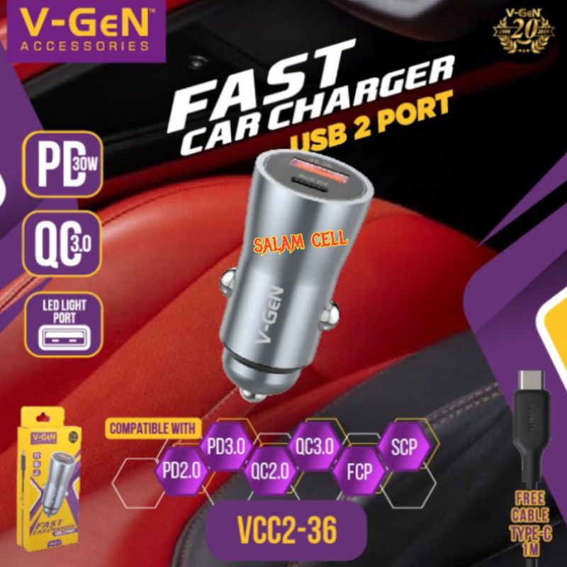 Charger Mobil V-Gen VCC2-36 Fast Car Charger USB 2 PORT PD 30W QC3.0 LED LIGHT PORT