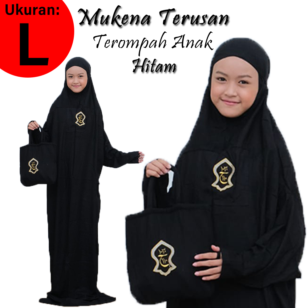 Mukena Terusan Terompah Anak (Usia 10 - 14 tahun) - Warna Hitam - Mukenah Hadramaut Polos Traveling 