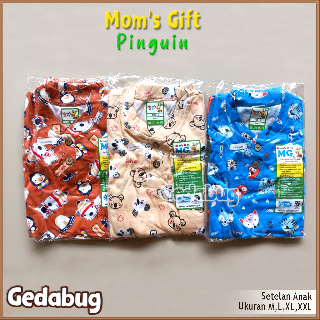 3 Setel - Setelan Anak Pendek Mom's Gift Pinguin Series | Setelan Kaos anak Kancing Depan Moms Gift | Gedabug