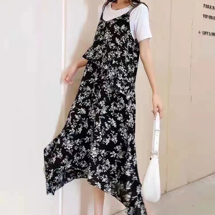 yikoo-Korea set kaos katun warna solid + dres wanita mixi dress