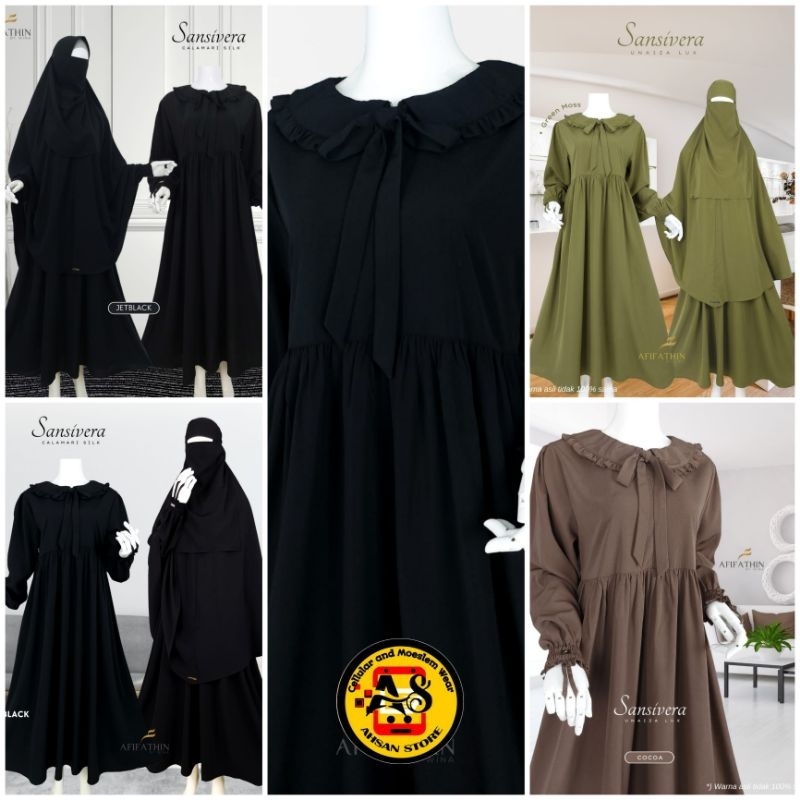 SANSIVERA BY AFIFATHIN SET JILBAB NONPAD CADAR BANDANA UNAIZA LUX DAN JETBLACK CALAMARI SILK