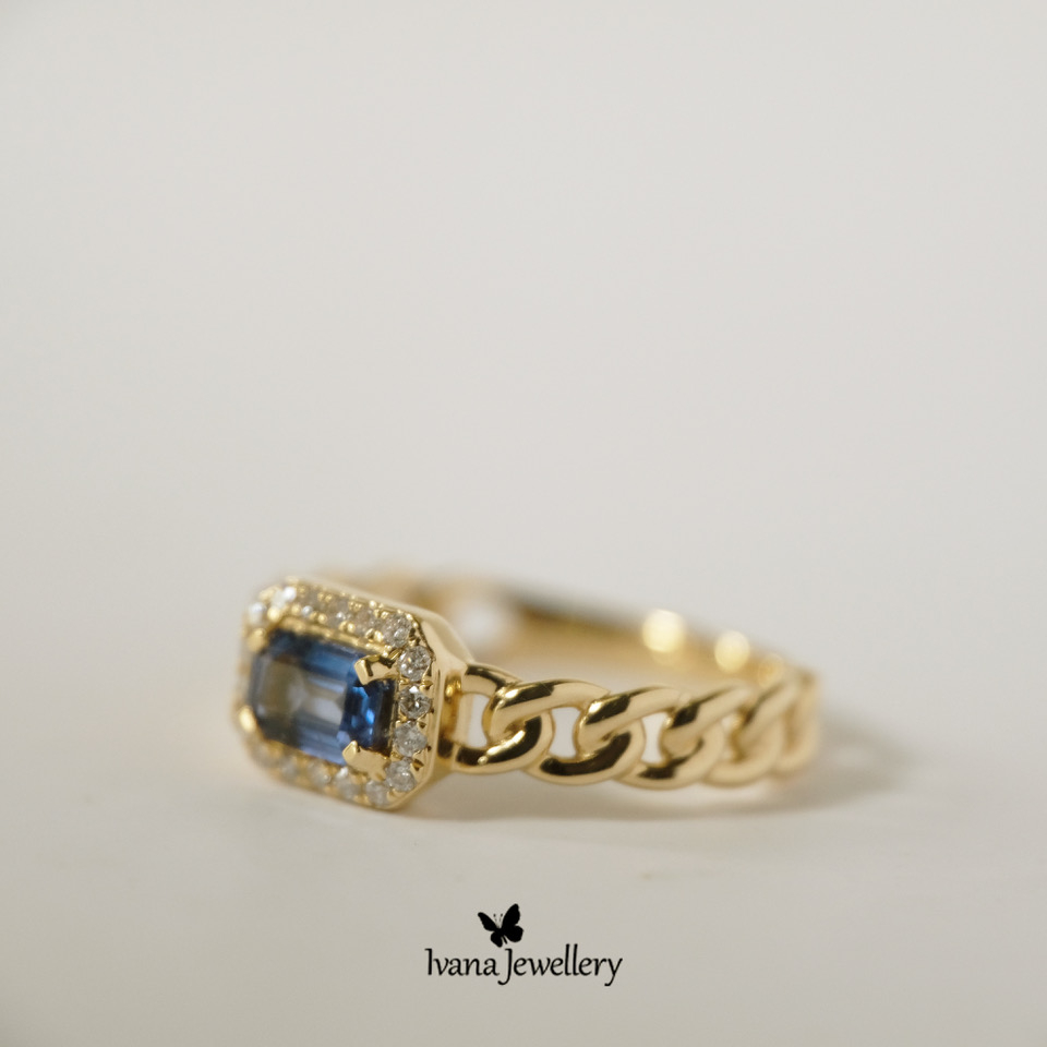 Blue Sapphire Cuban Style Diamond Ring