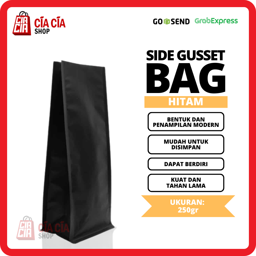 Kemasan Gusset Kopi 250 gr Alu Bag Quad Seal Doff Non Valve - Hitam