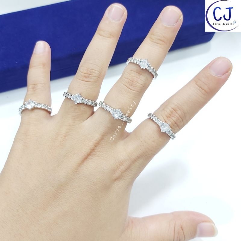 Cincin Perak Wanita Asli Silver 925 Lapis Emas Putih Model Rolek Soliter Permata - Perhiasan Perak Asli