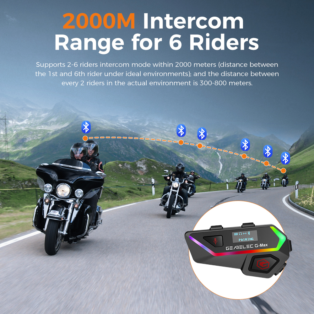 GEARELEC G-Max Helm Sepeda Motor Headset Interkom Bluetooth 2000m 6 Pengendara BT 5.2 Sistem Komunikasi Nirkabel Interfon dengan Lampu Layar Pintar Music Sharing Radio FM