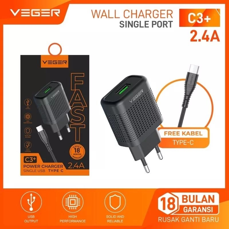 ❗NEW❗Wall Charger VEGER C3+ 1 Port USB Output 2.4A For Type C / Micro USB.  ORIGINAL CITY AKSESORIS FOR  ANDROID