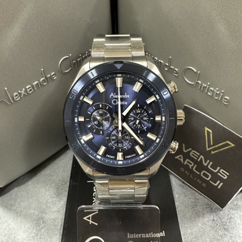 Jam Alexandre Christie AC 6672 MC BTU Pria Rantai Silver Ring Biru Bulat