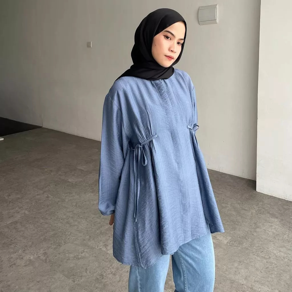 ALBINA BLOUSE POLO LINEN - KEMEJA TUNIK TALI KERUT PINGGANG - ATASAN WANITA MUSLIM - KEMEJA BLOUSE WANITA