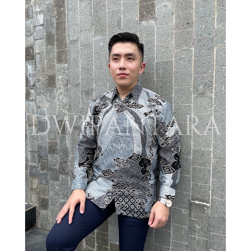 Batik Binjai Series Abu Silver, Batik Pria Premium, Dobby Furing, Lengan Panjang
