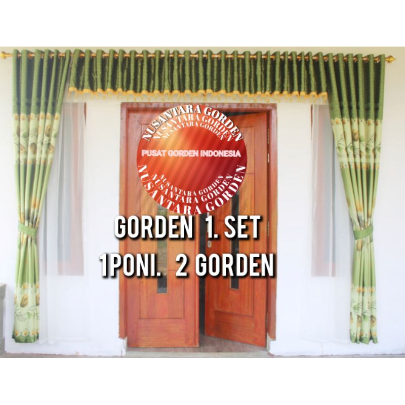 gorden poni satu set atas pintu blackout printing motif tulip hijau hitam coklat merah model smokrin