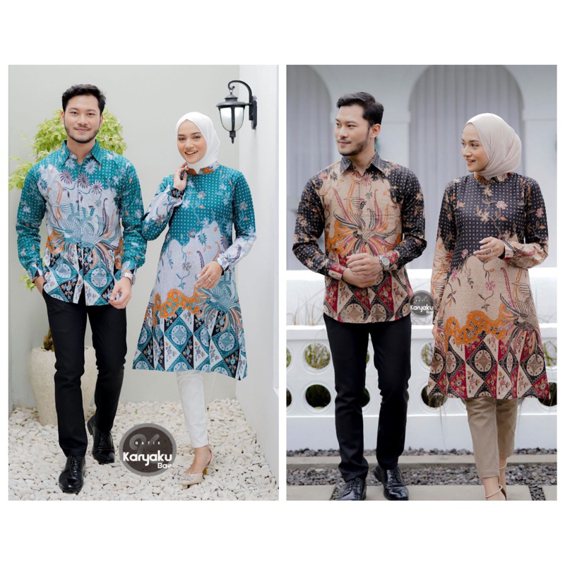 NEW Atasan Couple Tunik Batik Wanita Kemeja Batik Pria Lengan Panjang Exlusive - Motif Ayam Hijau