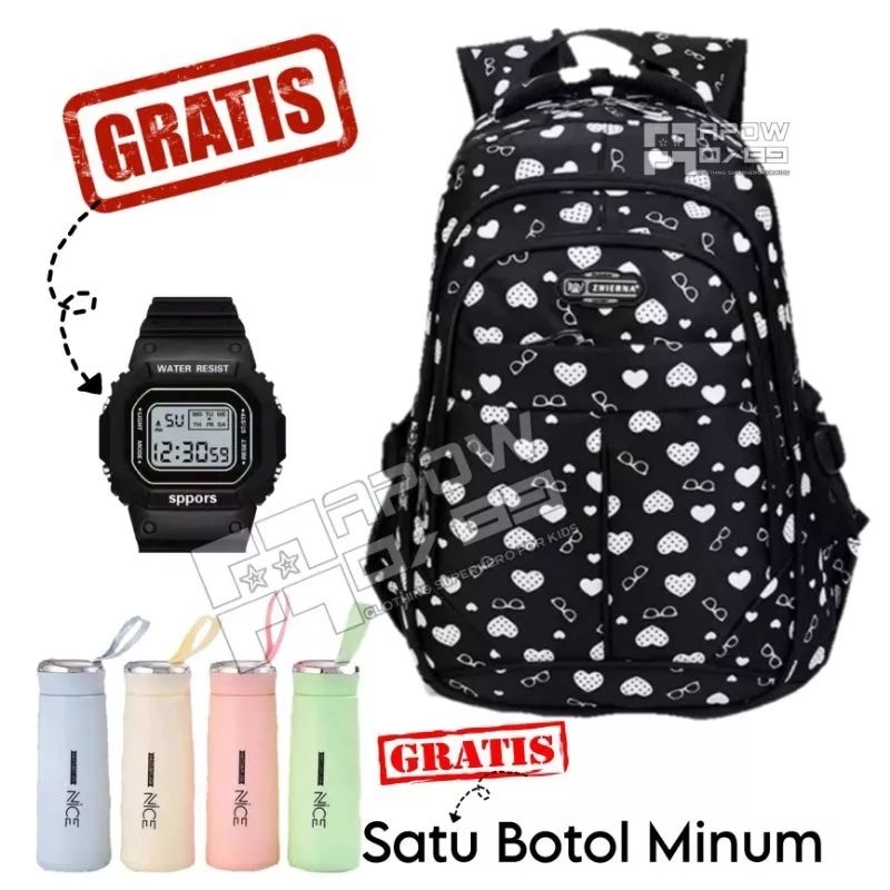 PDF 3in1 Tas Ransel Anak Perempuan Love Gratis Jam Tangan Dan Botol Minum Tas Punggung Anak SD Dan SMP